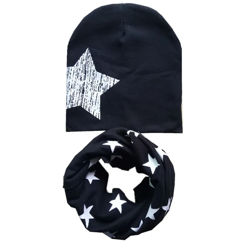 Хлопковая шапка, шарф, комплект из 2 предметов, хлопковый шарф для маленьких девочек, Детский Теплый шейный платок, шапка для мальчиков, головной убор, шейный воротник, детский шарф, шапка, комплекты - Цвет: star black
