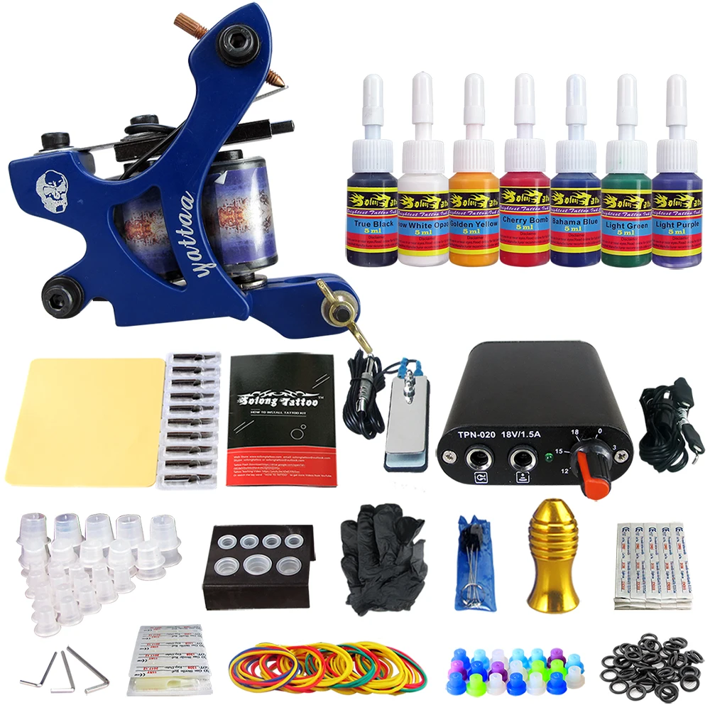 

Hybrid Complete Tattoo Coil Machine Kit For Liner Shader Power Supply Foot Pedal Needles Grip Tips Tattoo Body&Art TK105-65