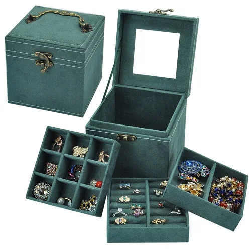 Бархатная шкатулка в стиле принцессы, Высококачественная шкатулка для ювелирных изделий, трехуровневая коробка для хранения колец, маленькая Подарочная коробка для женщин - Цвет: green