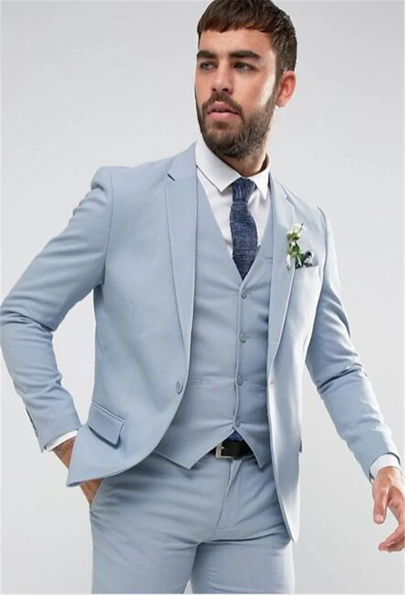 Светло голубой Свадебный Мужской костюм Зубчатый воротник Slim Fit 3 предмета в комплекте куртка+ брюки для девочек жилет свадьбы парадный смокинг к