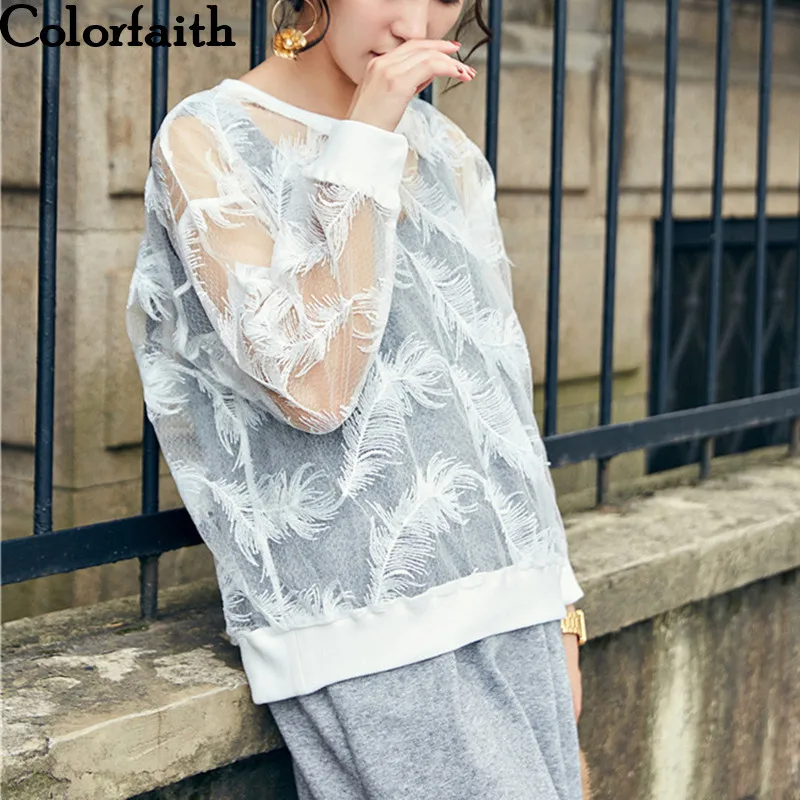 

Colorfaith New Arrival 2018 Women Fashion Autumn Winter Sweatshirt Transparent Feather Casual Fashion Ladies Pullover SS5938