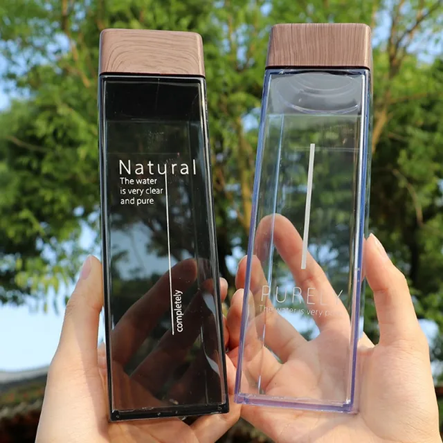 2018 New 500ML Fashion Water Bottle Square Shape With Wooden Lid Plastic Sport Bottle Lady Kids Unbreakable Kettle 4 Colors 1