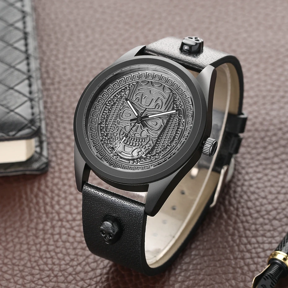 Retro Bronze Skull Head Skeleton Watch Men Clock Man Unique Punk Style Quartz Round Dial Creative Ghost Leather Men's Wristwatch 2018 (11)
