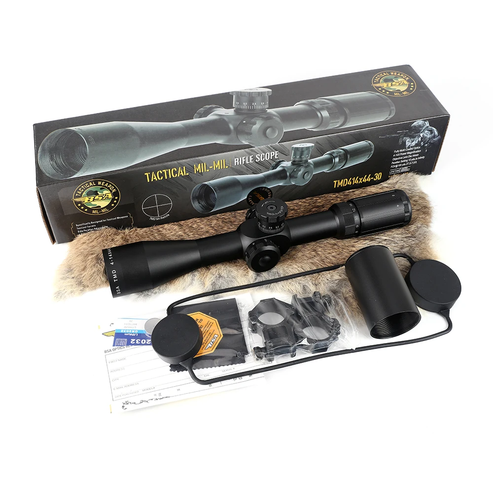 Focal de Vidro Caça Riflescope Primeiro Plano Mil Ponto Retículo Tático Óptica Vista Lateral Paralaxe Rifle Scope Bsa Tmd 4-14x44 Ffp 22 High Quality Esporte e Lazer