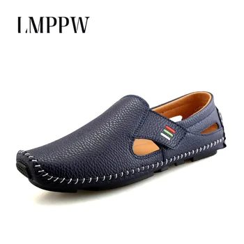 

Summer Genuine Leather Men Loafers Brand Fashion Breathable Casual Shoes Men Hook&loop Driving Boats Men Shoes Flats Moccasins