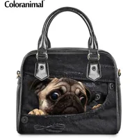Coloranimal Luxury PU Crossbody Hand Bag Female Leather Tote Bag Black Denim Animal Cat Dog Print Cute Pug Shoulder Handbag Sac