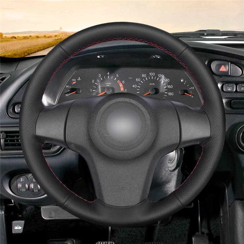 FOR VAUXHALL//OPEL CORSA D BLACK PERFORATED REAL LEATHER STEERING WHEEL COVER RED