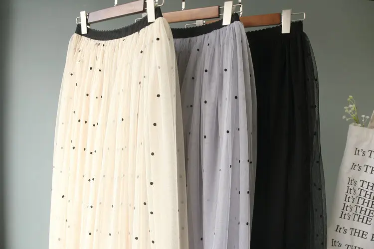 Юная сетчатая юбка в горошек до середины икры, кружевная юбка для женщин, эластичная высокая талия, летнее винтажное бальное платье, юбки феи, faldas saias