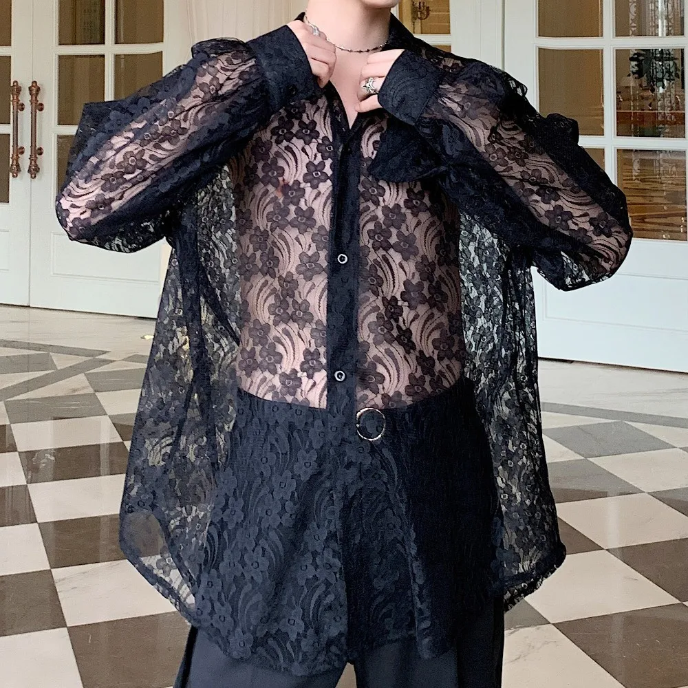 

Vintage Streetwear Hip Hop Shirts Stage Costume Men Transparent Organza Embroidery Long Sleeve Loose Casual Shirt Male Women