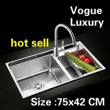 Квартира кухня ручная раковина двойной паз мыть овощи пищевой 304 нержавеющая сталь Горячая 75x42 см