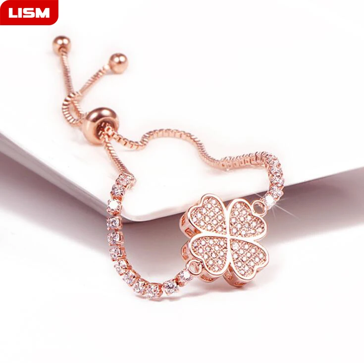 

Fashion Jewelry Adjustable Bracelet Clear CZ Zircon Female Jewelry Four Leaf Clover Heart Charm Bracelet For Women Jewelry