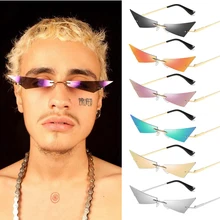 Женские и мужские модные шикарные маленькие многоугольные солнцезащитные очки, новые футуристические зеркальные солнцезащитные очки без оправы, дизайнерские узкие солнцезащитные очки Cateye