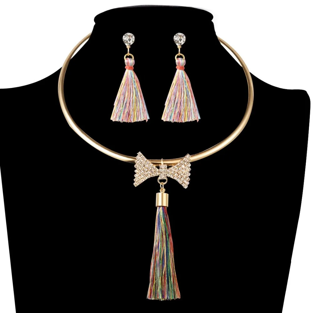 New Trendy Tassel Choker Necklaces Wedding Jewelry Sets Gold Color