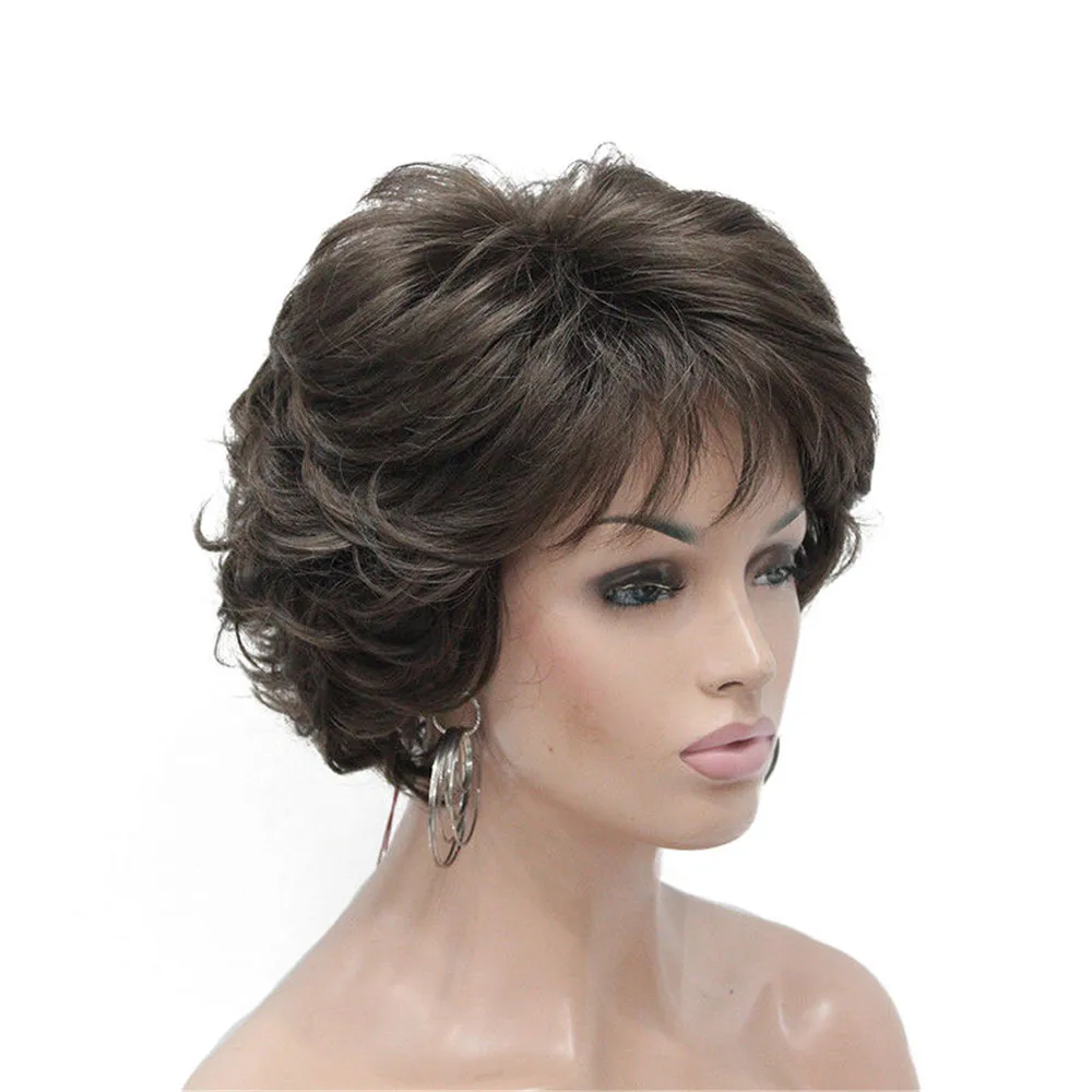 E-7125 #8 New Wavy Curly wig Medium Brown cloor 8# Short Synthetic Hair Full Women's wigs (3)