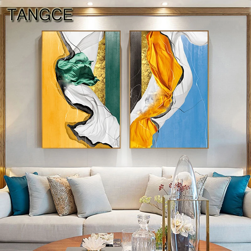 

Abstract Time River Canvas Art Modern Painting Golden Posters and Prints Blue Yellow Wall Picture for Living Room Wall Art Mural