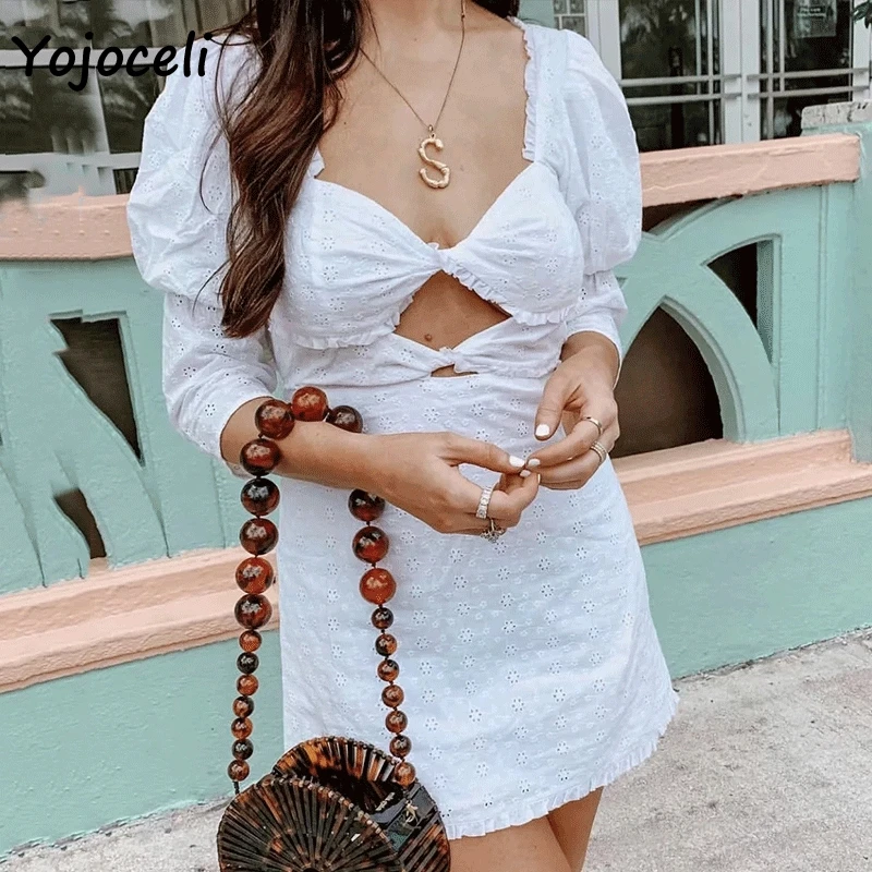 

Yojoceli 2019 summer puff sleeve cotton dress women lace embroidery mini dress day dress