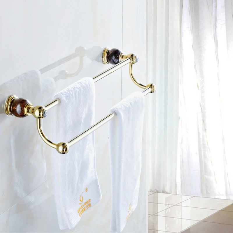 

Vintage Jade Base Titanium gold Towel Rack Plating Copper Polished Towel Rod 2-Layer Towel Bar Wall Mount Bathroom Products tl4
