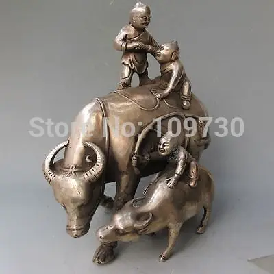 

001270 Chinese Folk Culture HandMade Silver Bronze statue Bull cowhand Boy Sculpture