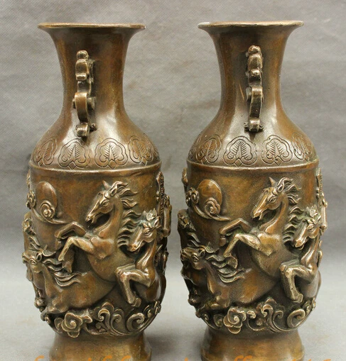 

xd 002712 14" Marked Chinese Silver Buddhism Horse Dragon Tiger Statue Vase Pot Pair