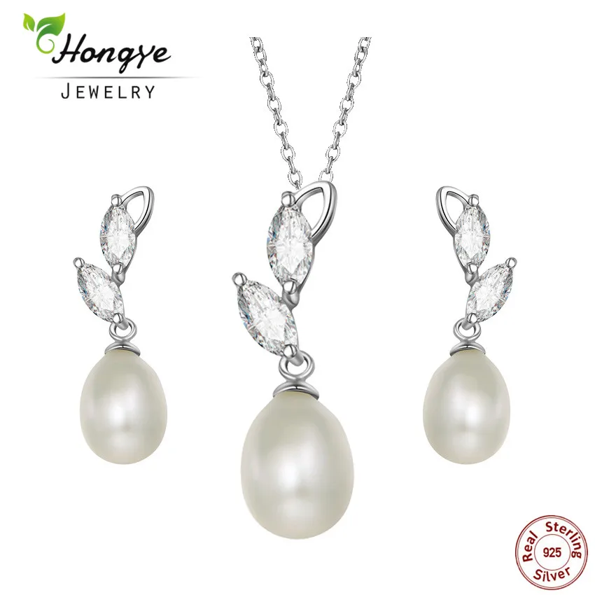 

Hongye Necklace&Drop Earring 100% Natural Freshwater Pearl Jewelry Sets For Women Gifts Elegant Romantic 925 Sterling Silver