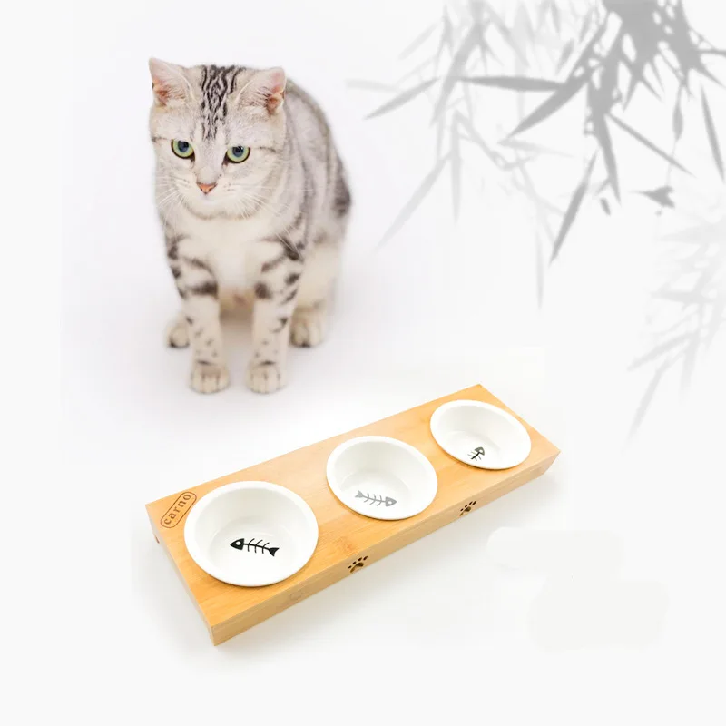 Кота Автоматические кормушки для собак домашних животных Еда миски для одноместный/двухместный/три чаши Керамика посуда бамбуковая оправа, товары для домашних животных, собаки кошки кормушки