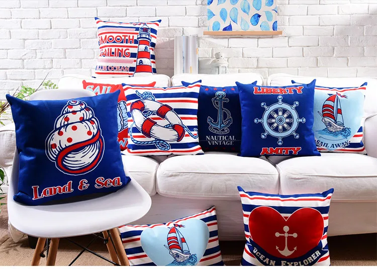 Sailing Boat Cushion Cover Blue and Red Color Land and Sea Boat Anchor