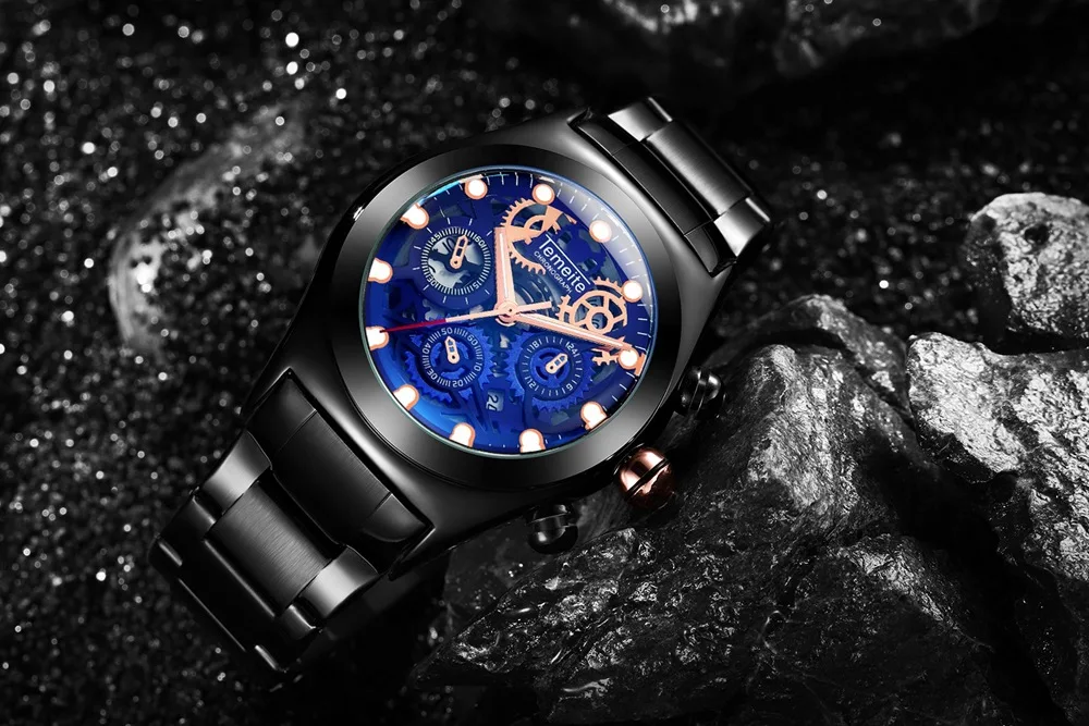 Мужские часы TEMEITE Брендовые мужские часы кварцевые роскошные золотые синие стальные мужские наручные часы водонепроницаемые креативные повседневные мужские часы
