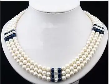 

3 ROW new 7-8mm natural Akoya white black Pearl Necklace 17'-19'' 14k yellow GOL