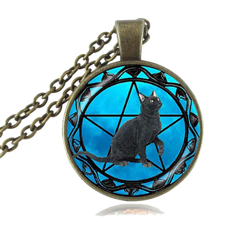 Ожерелье с подвеской в виде черного кота, Wicca, ожерелье с пентаграммой, ювелирное изделие, Wicca, воротник с пентаграммой, голубая звезда, животное, ожерелье, лучший подарок для женщин и мужчин, HZ1 - Окраска металла: Покрытие антикварной бронзой