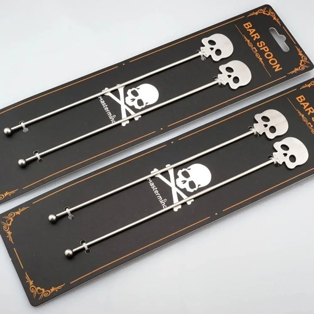

2Pcs Stainless Steel Long Handle Art Coffee Spoon Beverage Coffee Mixers Skull Shape Spoon Swizzle Stick