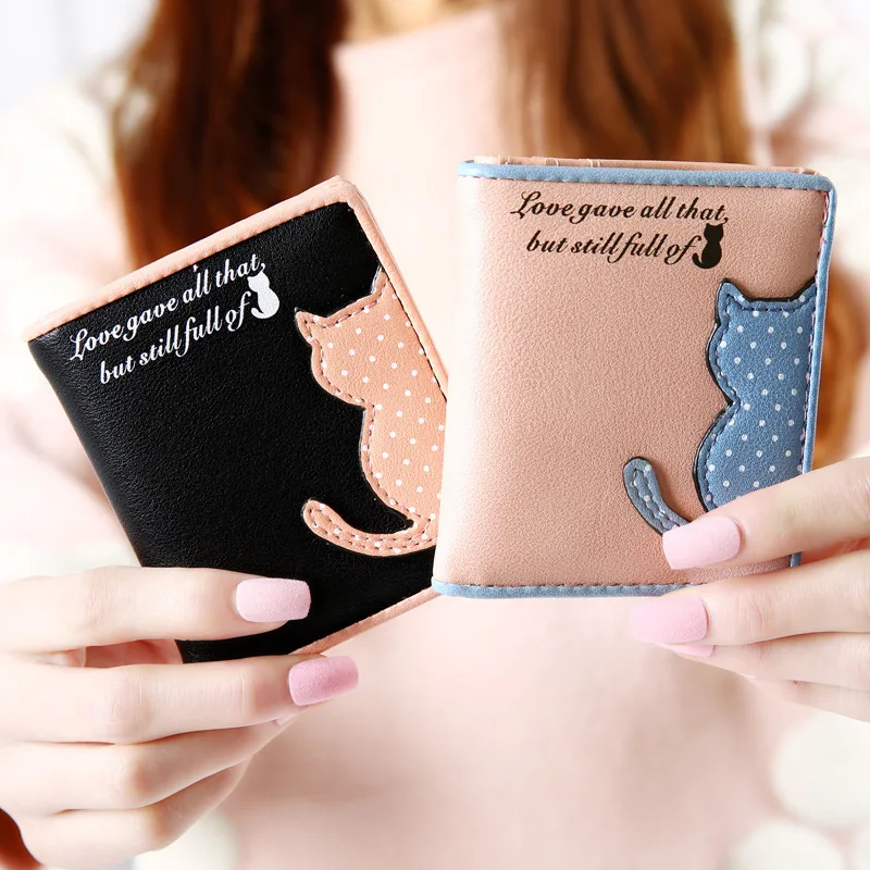 2016 new women wallet cat ladies cute credit card thin Clutch wallets cheap womens purse PU leather mini small wallet 2 fold