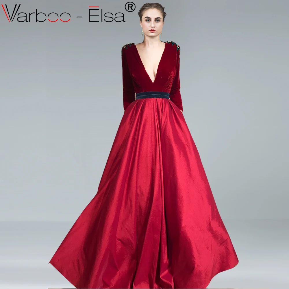 VARBOO_ELSA элегантное вечернее платье цвет красного вина; Robe De Soiree V образным вырезом без рукавов трапециевидной формы пол Длина велюровые Сексуальные вечерние платье для выпускного вечера