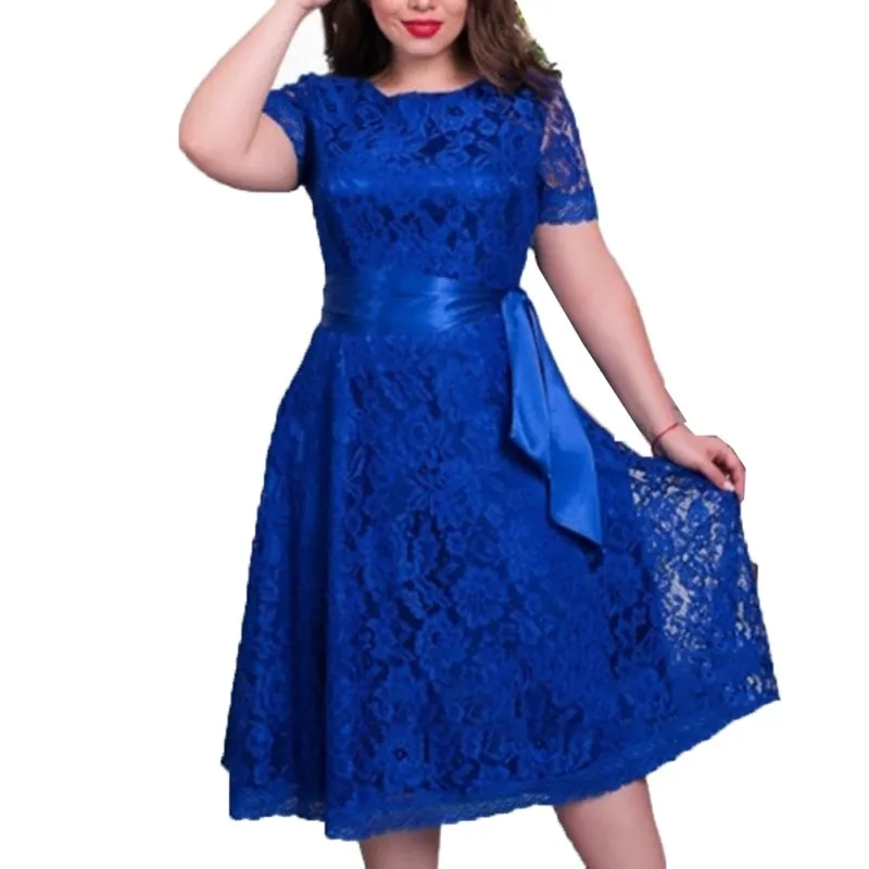 

Elegant Style Robe Summer Womens Dress Solid Short Sleeve 3 Color O-neck Lace Sashes Mid-Calf Length Dresses Plus Size