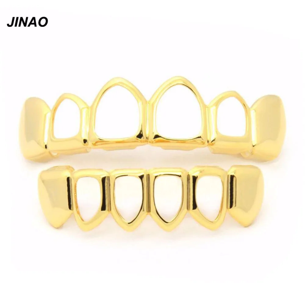 Buy JINAO New Custom Fit Pure Gold Color Plated Teeth Grills Four Hollow Open