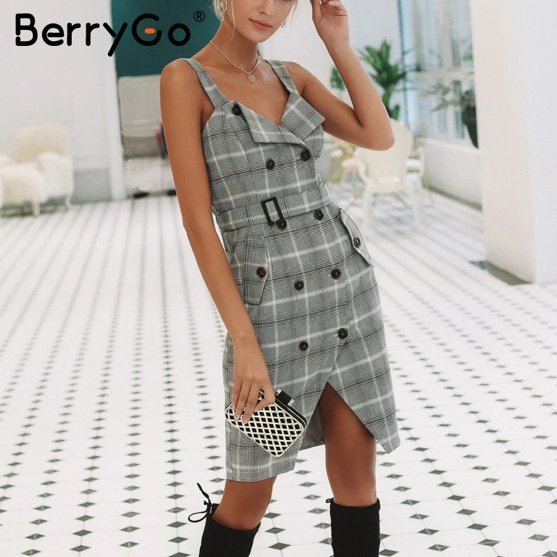 

BerryGo Plaid strap office lady women midi dress High waist split sash women dress Double breasted casual winter dress 2018