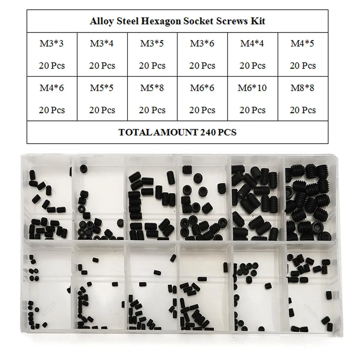 

240pcs/set M3-M8 Carbon Steel Socket Screw Assortment Allen Head Hex Socket Grub Screw Kit with Box MXCH1