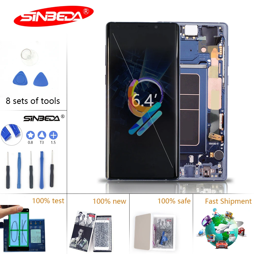 

6.4''Sinbeda 100% AMOLED LCD with frame for SAMSUNG GALAXY Note 9 Note9 N960D N960F Display Touch Screen Digitizer Assembly