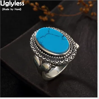 

Uglyless Real 925 Sterling Silver Women Natural Turquoise Open Finger Rings Lovely Fish Tale Ring Ethnic Vintage Bohemian Bijoux