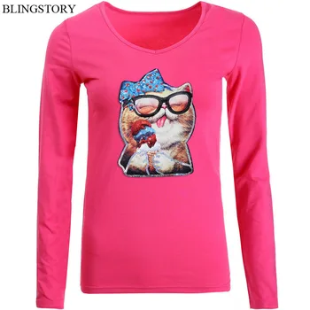 

BLINGSTORY Long Sleeve T Shirt Women Female Plus Size Sequin Cat Woman Clothes Cotton Tshirt Autumn Basic Tee Shirt Femme