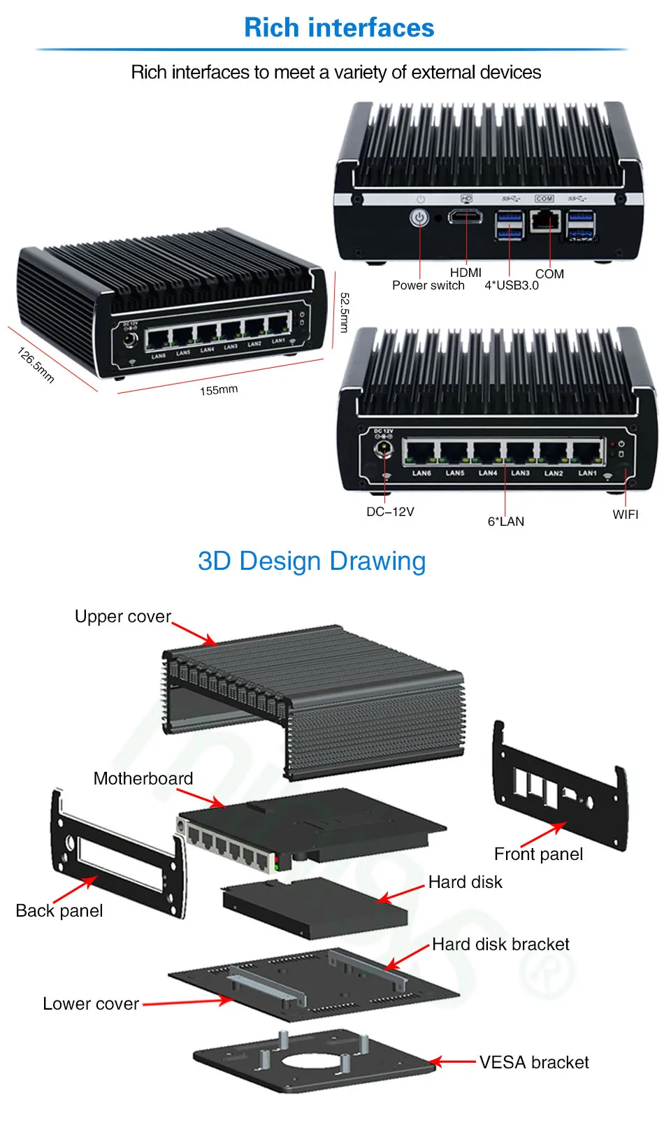 Intel Core i5 7200U/i3 7100U мини-ПК без вентилятора Pfsense 6 Intel LAN DDR4 Ram 4G AES-NI Linux брандмауэр ПК Мягкий маршрутизатор сетевой сервис