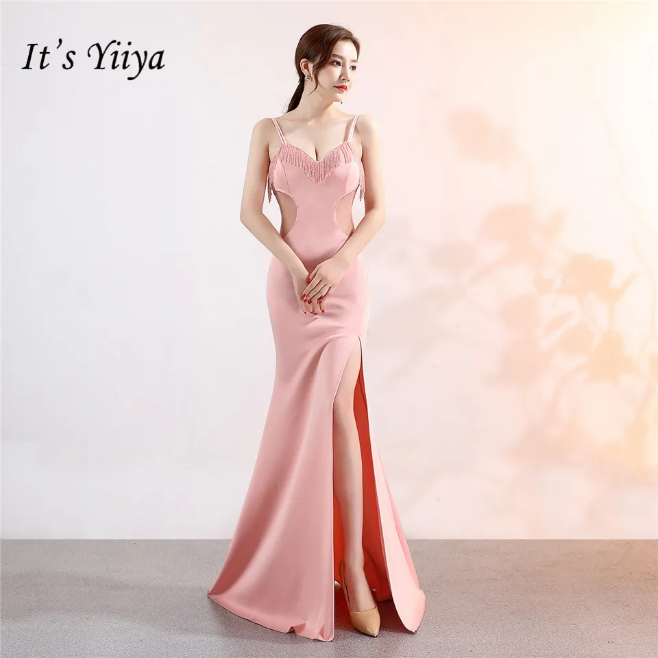 

It's Yiiya Sequined Evening Dresses pink Deep V Sleeveless backless Party gowns Mermaid Beading zipper back long Prom dress C107