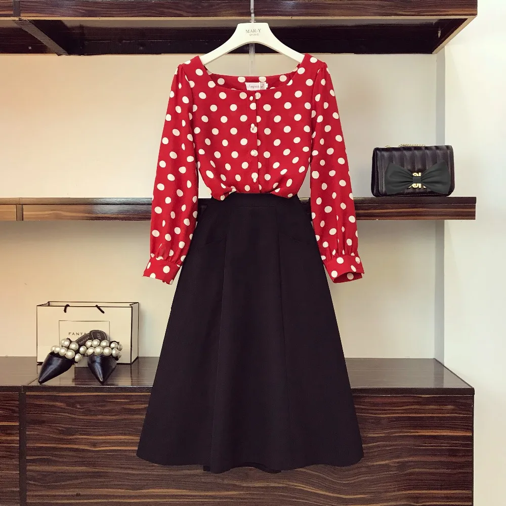 

2019 Spring Fashion Women Dot Long Sleeves Shirt + A Line Skirts Sets Women's Two Pieces Set Female Suits A795