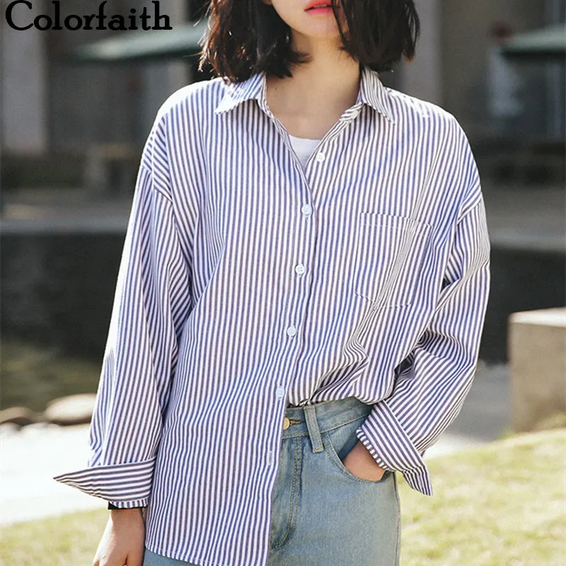

Colorfaith Women Blouses & Shirts 2019 Autumn Spring Ladies Casual Striped Buttons Stand Neck Women Clothing Tops shirt BL1021