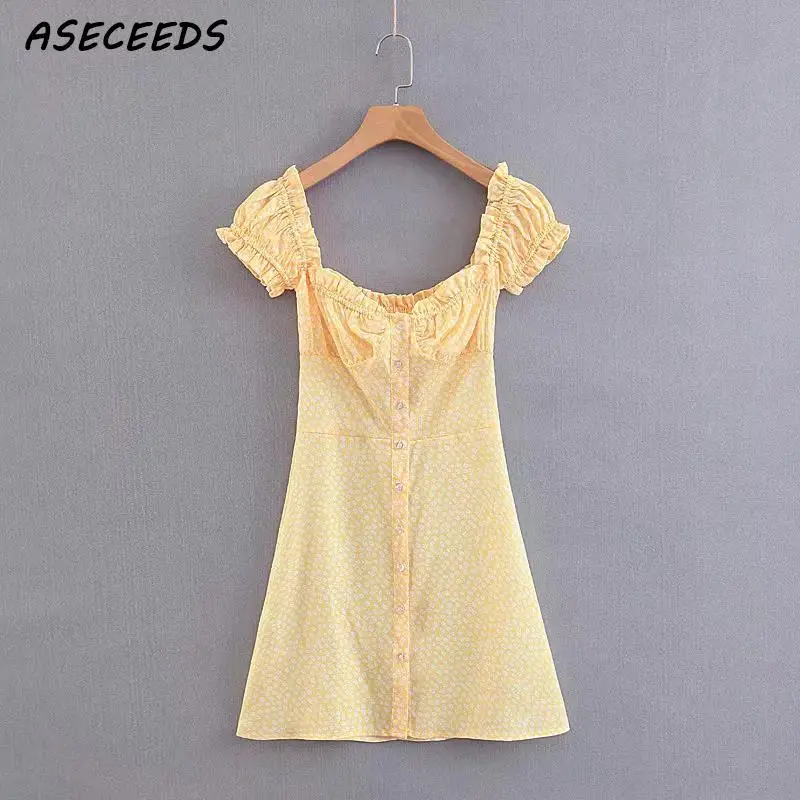 

women summer dress Vintage floral yellow beach dress sexy backless chiffon short dress korean ruffle boho dress ladies vestidos