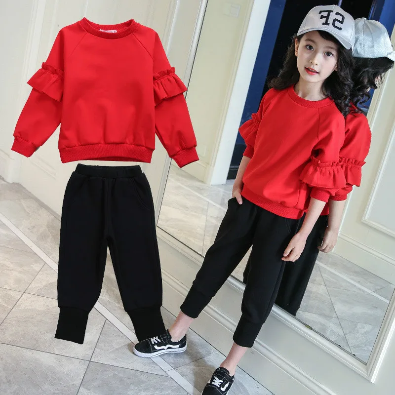 

Newest 2018 Girls Clothes Children Clothing Set Cotton Petal Sleeve Sweatshirt + Pants Two-piece Casual Kids Suit 6 8 10 12 Year