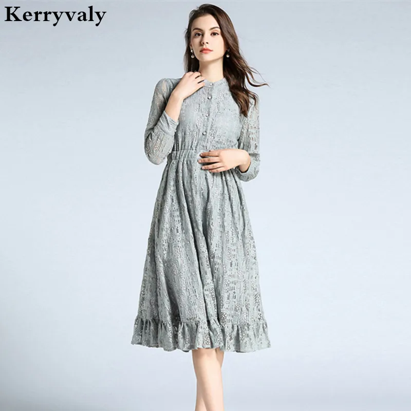 

Fairy Hollowed-out Shirt Casual Lace Dress Vetement Femme 2019 Autumn Midi Party Dress Roupas Feminina Dames Kleding K8155