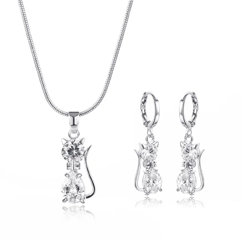 

FYM High Quality White Color Cat Shape Necklace + Earrings Jewelry Sets Cubic Zirconia Bridal Jewelry Set For Women Party