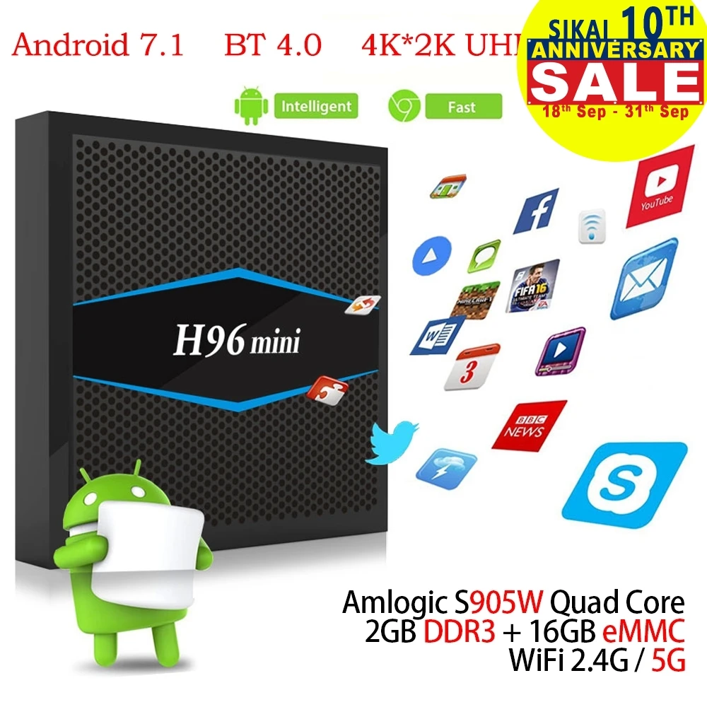 

H96 mini Smart TV Box Amlogic S905W Quad Core GPU Mali-450MP 750MHz 2G/16G Android 7.1 2.4G/5G Wifi Bluetooth 4.0 Set Top Box