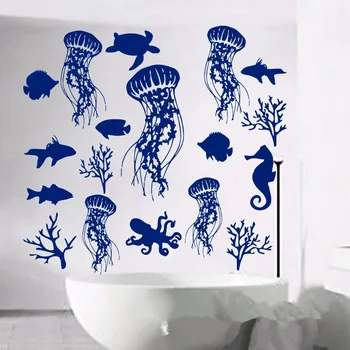 

Fish Wall Decal Sea Shell Art Jellyfish Vinyl Bathroom Stickers Shower Baby Nautical Nursery Bedroom Home Decor Art Murals