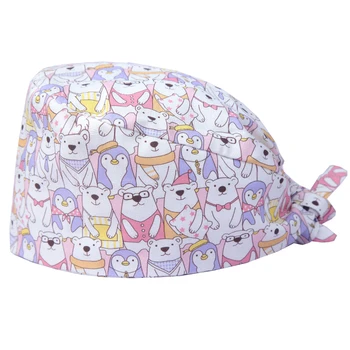 

Women's Print Surgical Caps Adjustable Medical Scrub Hat Back Tie Cap 100% Cotton Polar Bear Tie Back Doctor Nurse Skull Hats